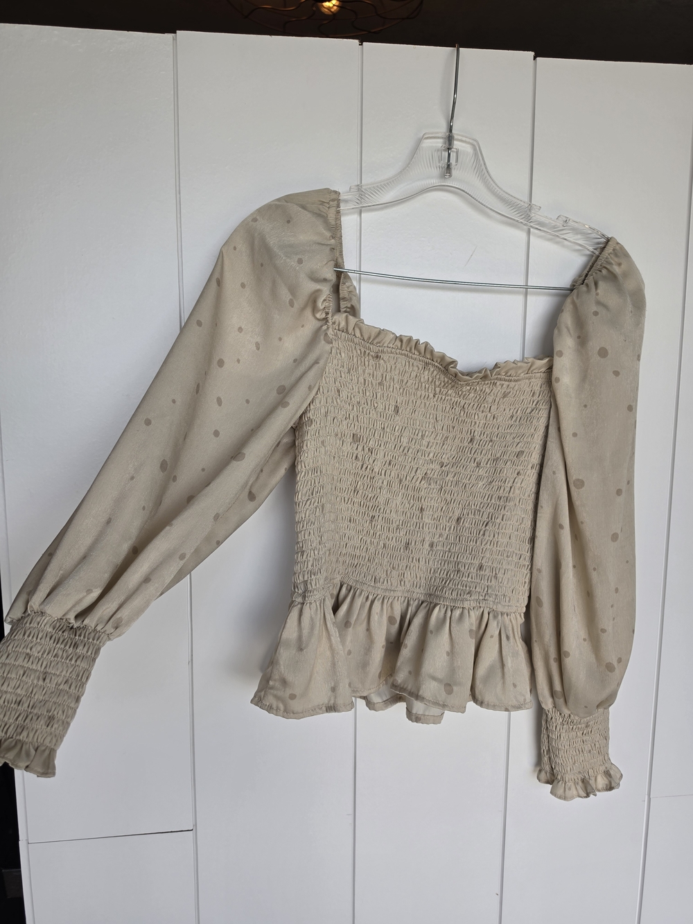 Mine Beige Smocked Square -Neck Polka Dot Peplum Top - Women - Picture 2 of 7